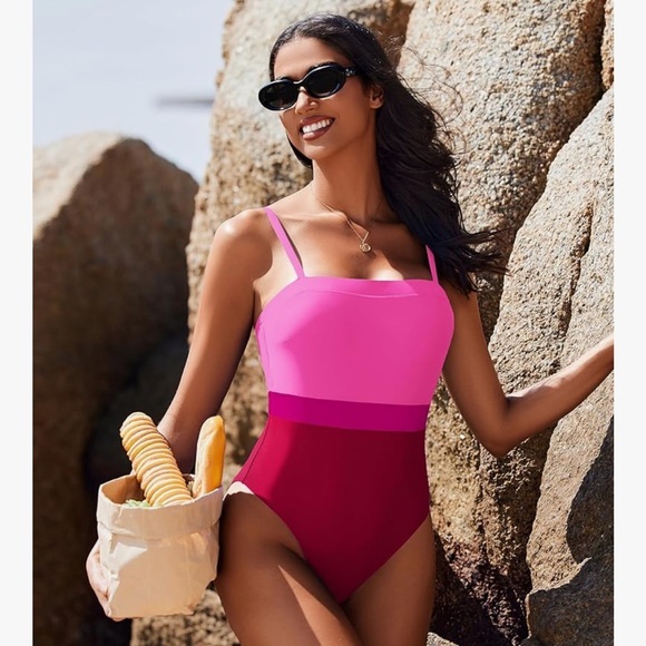 Womens Pink and Red Color Block One Piece Swimsuit It#L24 - Picture 1 of 15